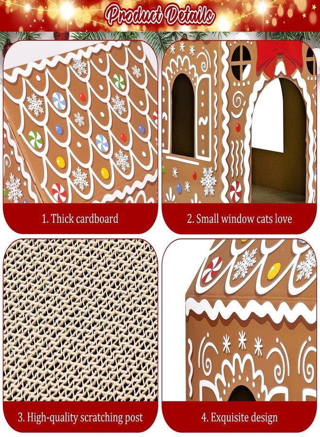 Cinrobiye Christmas Cardboard Cat House with Scratcher Pet Gingerbread Board Bed Cave Playhouse Hideaway Hideout Condo Decor Small Animals Scratch Box for Indoor Cats Kittens Rabbits Bunny (Brown, 1) - Image 4